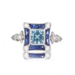 0.50ct Asscher Cut Aquamarine Engagement Ring with Sapphire Halo TV 12858