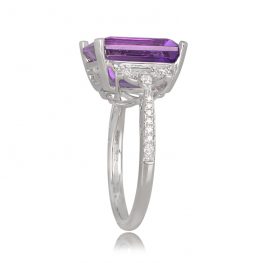 5.69 Carat 18k White Gold Ring Emerald Cut Amethyst and Round Brilliant Cut Diamond Accent - Shanghai Ring