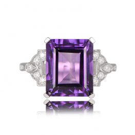 Diamond Accent 5.69 Carat Emerald Cut Ring Round Brilliant Cut Amethyst and 18k White Gold - Shanghai Ring