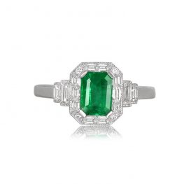 Emerald and Baguette Cut Diamond Halo Ring Littleton Ring