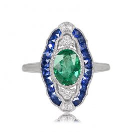 Oval Emerald and Sapphire Elongated Ring Scarab Ring