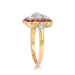 Antique Cushion Cut Diamond and Ruby Halo Engagement Ring - Lorraine Ring