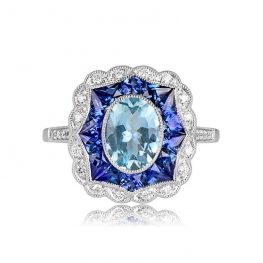 Aquamarine and Sapphire Halo Ring Easton Ring Top View