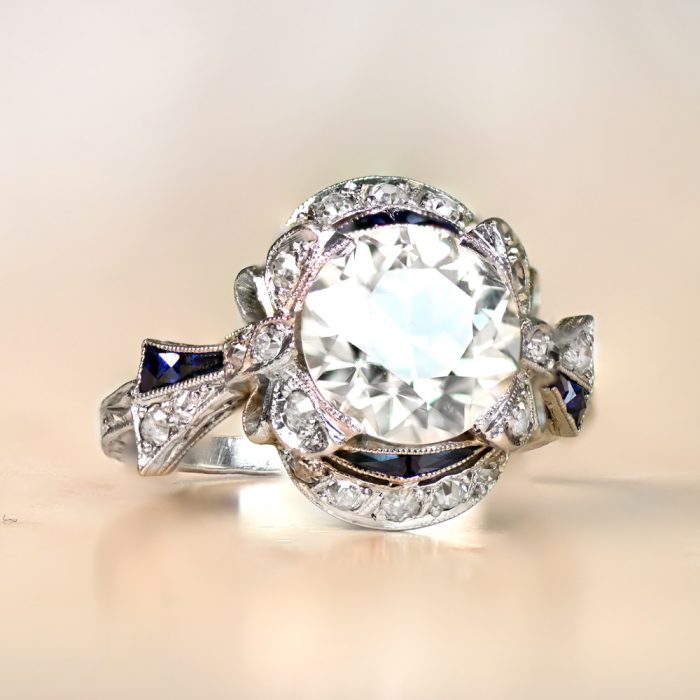 Old European Cut Diamond Bow Motif Sapphire Accented Platinum Mounting Engagement Ring 13604-Artistic-1000x1000