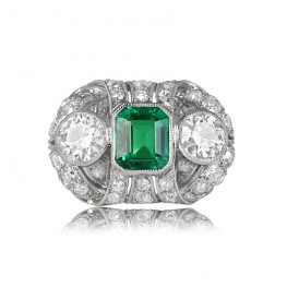 Edwardian Diamond and Emerald Three Stone Ring - Woodbury Ring 13733 TV