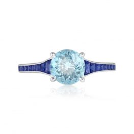 Round Aquamarine and French Cut Sapphire Ring - Bellport Ring 13778 TV