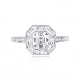 Asscher Cut Diamond And Baguette Cut Halo Platinum Engagement Ring 13844 TV