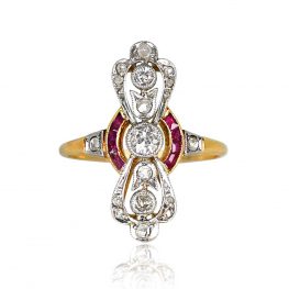 Antique Edwardian Elongated Diamond Ruby Ring - Newnan Ring 13854 TV