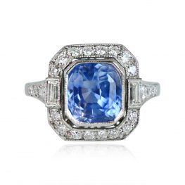 Natural Sapphire and Halo Ring Harvard Ring Top View