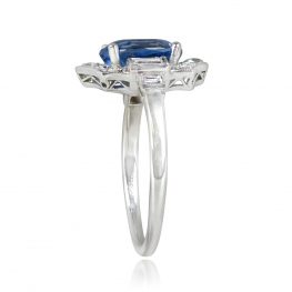 Platinum and oval Sapphire Ring West View Ring Top Side View