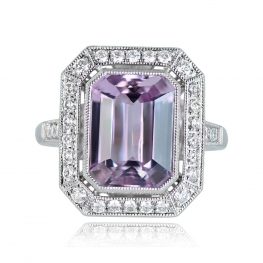 Emerald Cut Kunzite Diamond Halo Ring - Staunton Ring 13994 TV