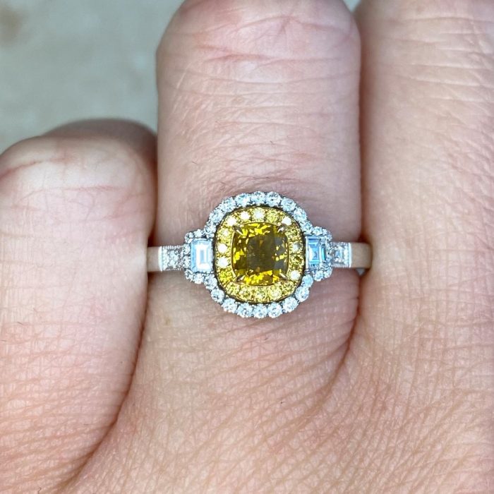 0.48ct Yellow Brownish And Double Halo Engagement Ring 14104 F2