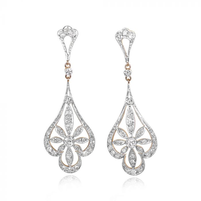 Floral Motif Edwardian Style Diamond Earrings - Corringham Earrings 14123 TV