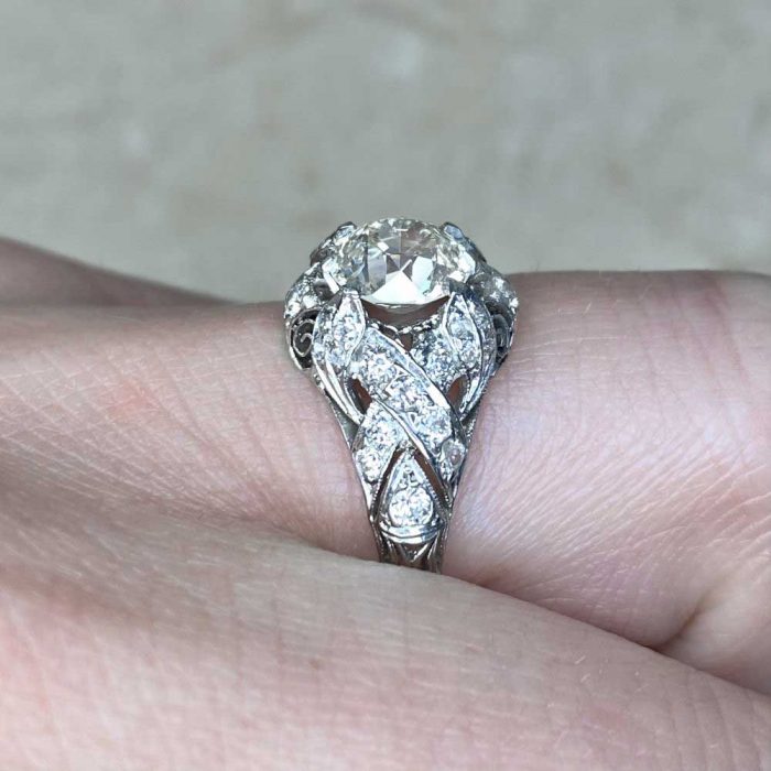 Leaf Motif Single Cut Diamond Accented Platinum Mounting Engagement Ring 14139-F4