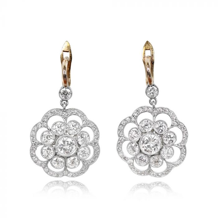 Vintage Style Floral Halo Diamond Earrings - Excelsior Earrings 14178 TV