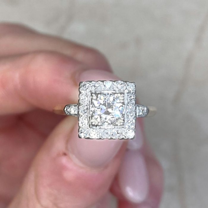 0.50ct Old European Cut Diamond Center Stone Square Motif Halo Engagement Ring 14210-F5