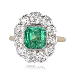 Bezel Set Natural Emerald And Floral Motif Diamond Halo Gemstone Ring 14305-TV-1000PX