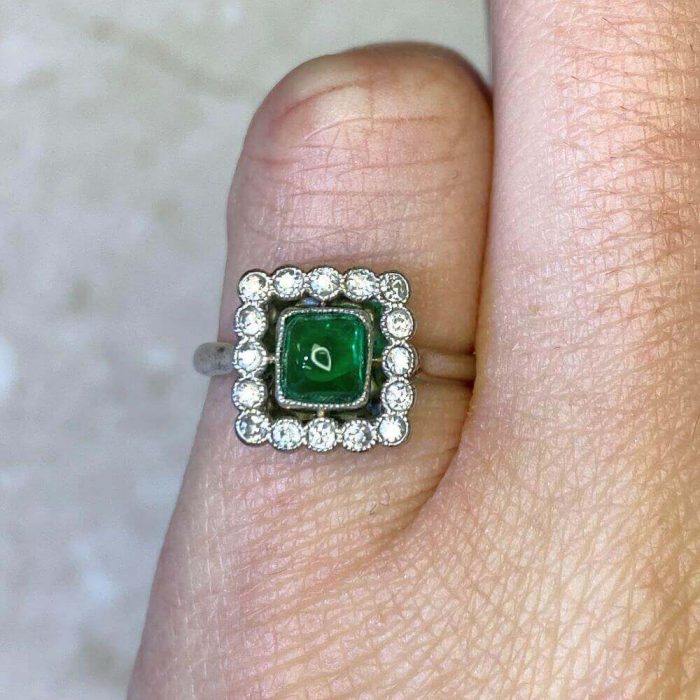 0.75ct Sugarloaf Cut Natural Emerald And Diamond Halo Gemstone Ring 14366-F2 (1) (1)