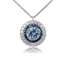 Aquamarine Floral Sapphire and Diamond Halo Pendant - Sweden Pendant