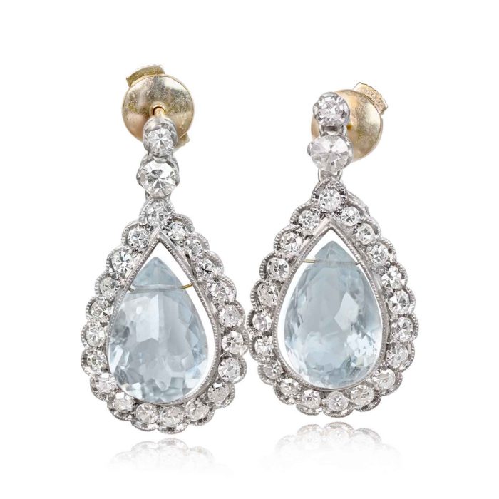 Aquamarine and Diamond Hanging Earrings Top View MAR109